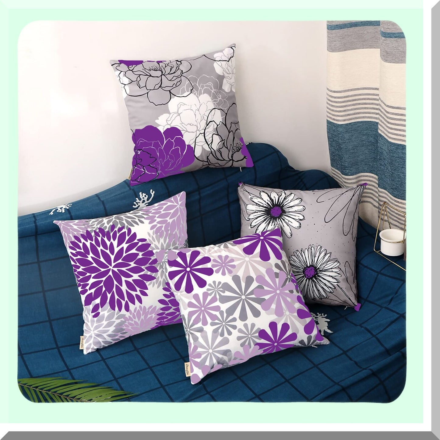 Floral Bliss Double-Sided Throw Pillow Covers - Set of 4 Purple Grey 20x20 Inches - Modern Accent Decorative Cases for Living Room Sofa Bedroom Car