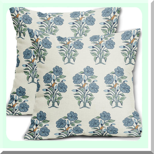 Chinoiserie Garden Pillow Covers - Set of 2 18x18 Blue Green Floral Block Print Cushion Cases for Outdoor Linen Farmhouse Decor with Birds and Flowers