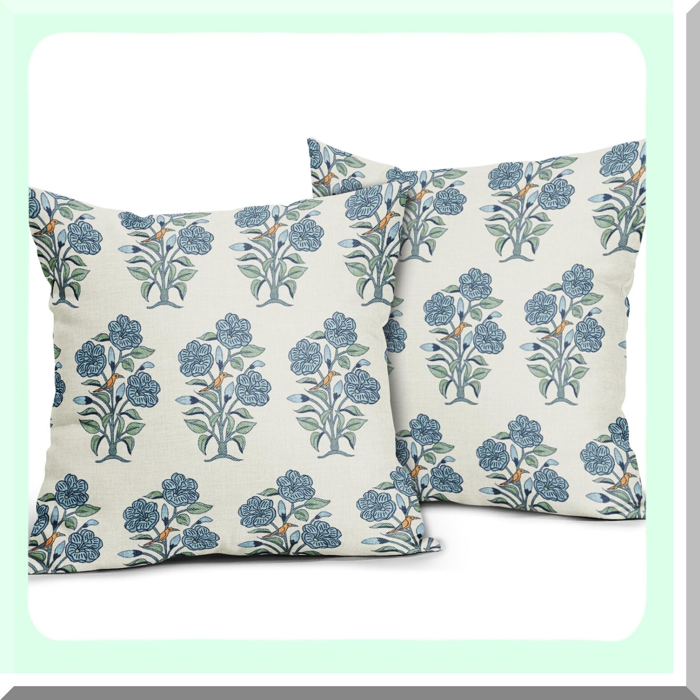 Chinoiserie Garden Pillow Covers - Set of 2 18x18 Blue Green Floral Block Print Cushion Cases for Outdoor Linen Farmhouse Decor with Birds and Flowers