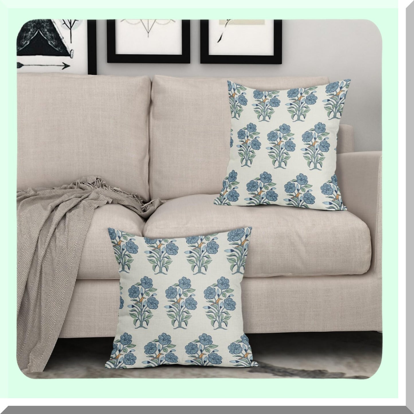 Chinoiserie Garden Pillow Covers - Set of 2 18x18 Blue Green Floral Block Print Cushion Cases for Outdoor Linen Farmhouse Decor with Birds and Flowers