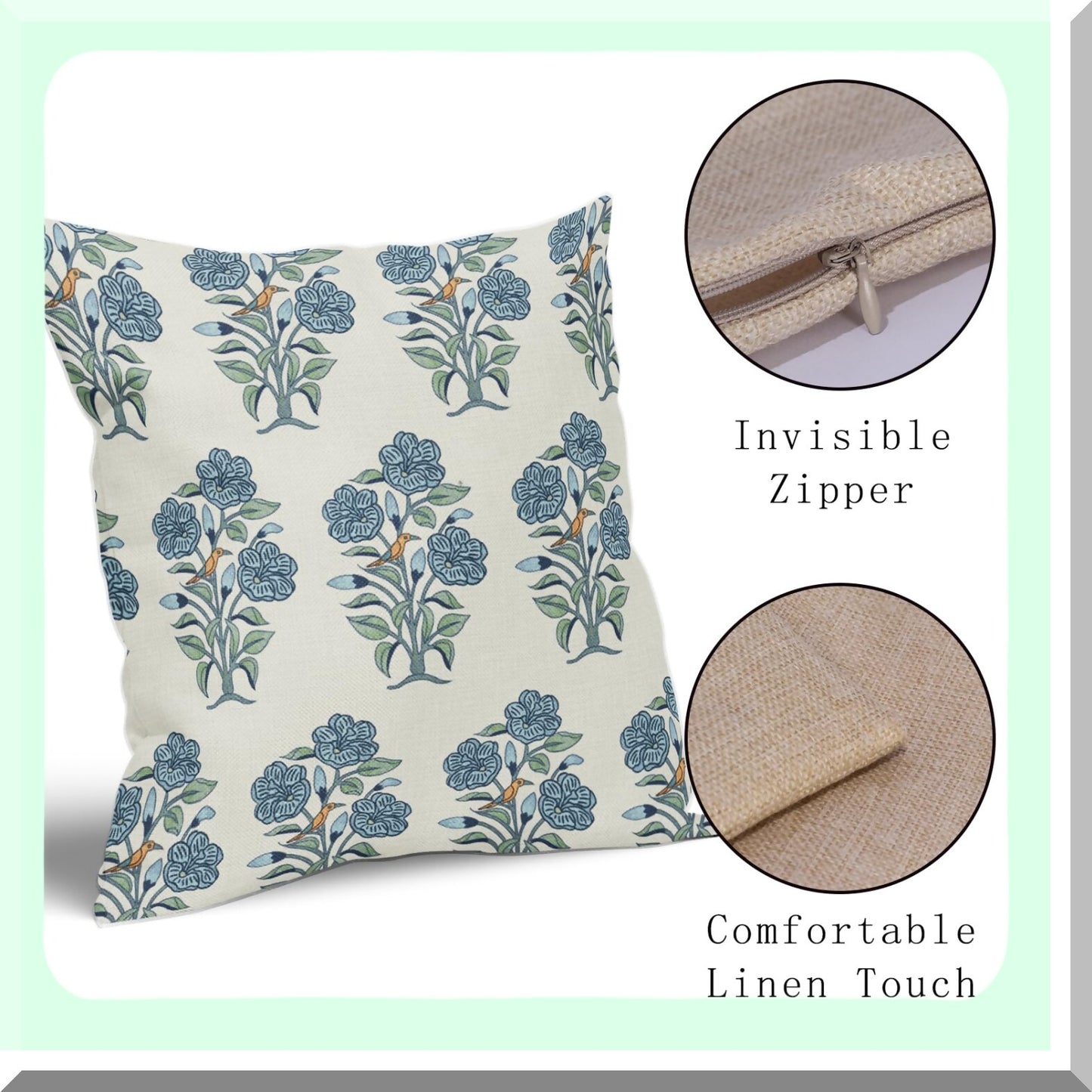 Chinoiserie Garden Pillow Covers - Set of 2 18x18 Blue Green Floral Block Print Cushion Cases for Outdoor Linen Farmhouse Decor with Birds and Flowers