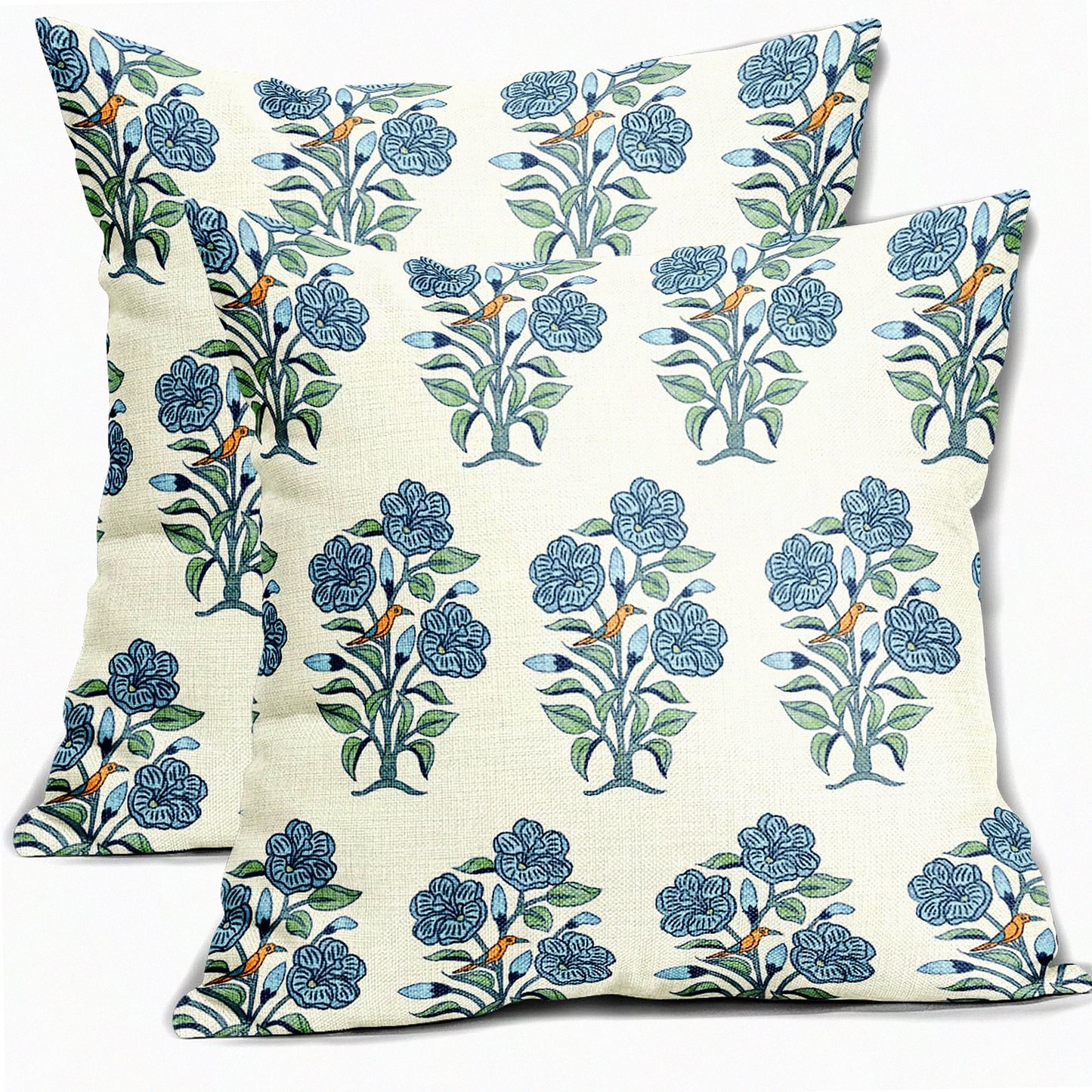 Chinoiserie Garden Pillow Covers - Set of 2 18x18 Blue Green Floral Block Print Cushion Cases for Outdoor Linen Farmhouse Decor with Birds and Flowers