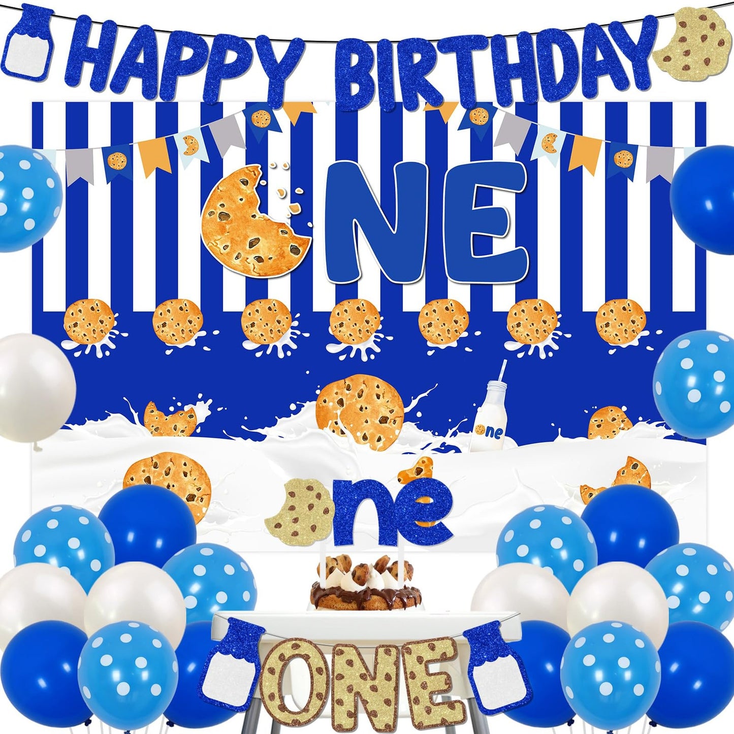 Cookie Crumble Birthday Bash Set - Includes Cookie Mike Backdrop, Cake Topper, Happy Birthday Banner, High Chair Banner & More for Boys 1st Bday