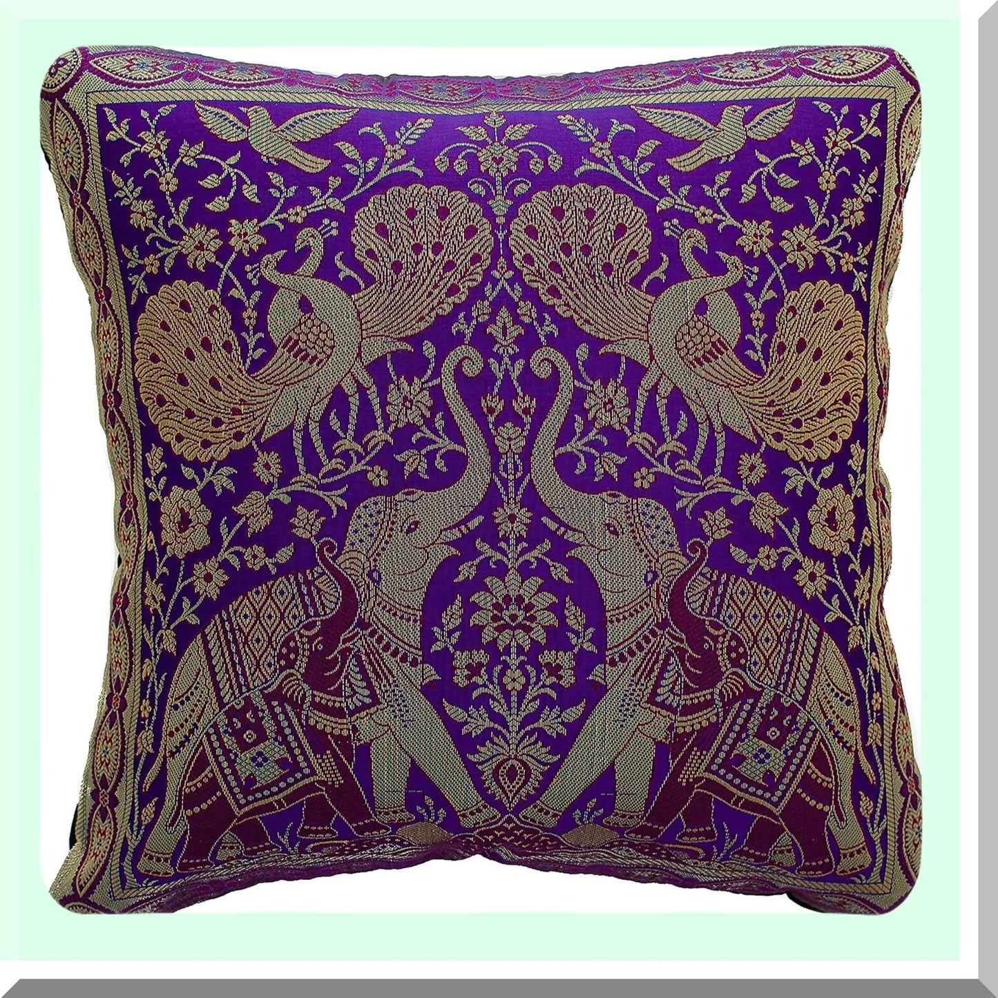 Elephant Peacock India Style Decorative Pillow Cover - Sofa Couch Chair Bed Cushion Case 16x16 Inch (40x40 cm) Purple Zipper Back - Insert Not Included