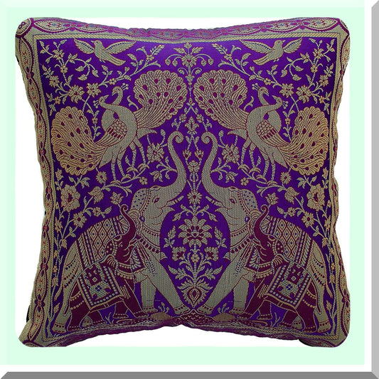 Elephant Peacock India Style Decorative Pillow Cover - Sofa Couch Chair Bed Cushion Case 16x16 Inch (40x40 cm) Purple Zipper Back - Insert Not Included