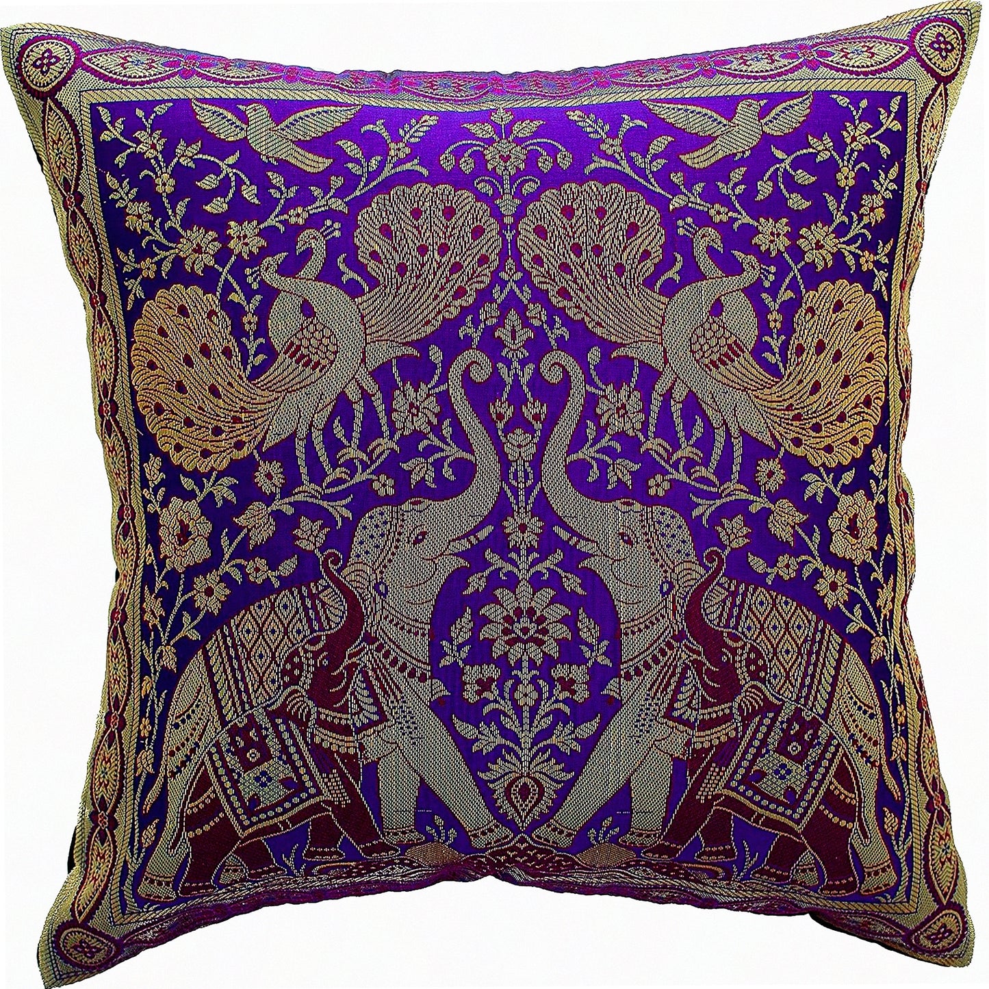 Elephant Peacock India Style Decorative Pillow Cover - Sofa Couch Chair Bed Cushion Case 16x16 Inch (40x40 cm) Purple Zipper Back - Insert Not Included