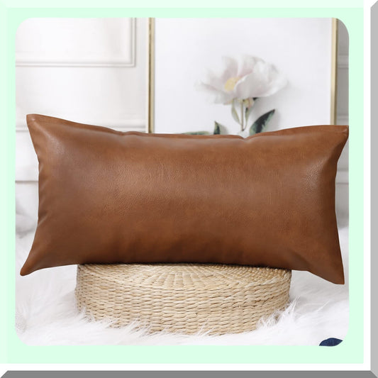 Boho Leather Lumbar Pillow Cover - Farmhouse Decor Cushion Case for Sofa Couch Bed - Modern Vegan Brown Long Throw Pillow Case 14x26