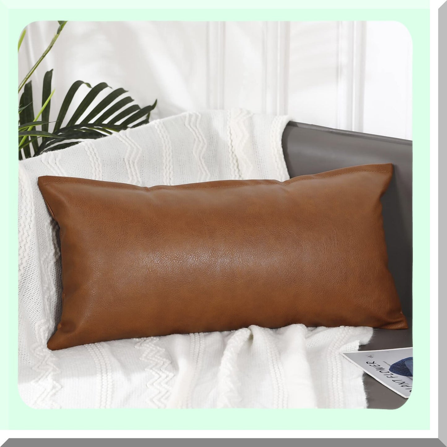 Boho Leather Lumbar Pillow Cover - Farmhouse Decor Cushion Case for Sofa Couch Bed - Modern Vegan Brown Long Throw Pillow Case 14x26