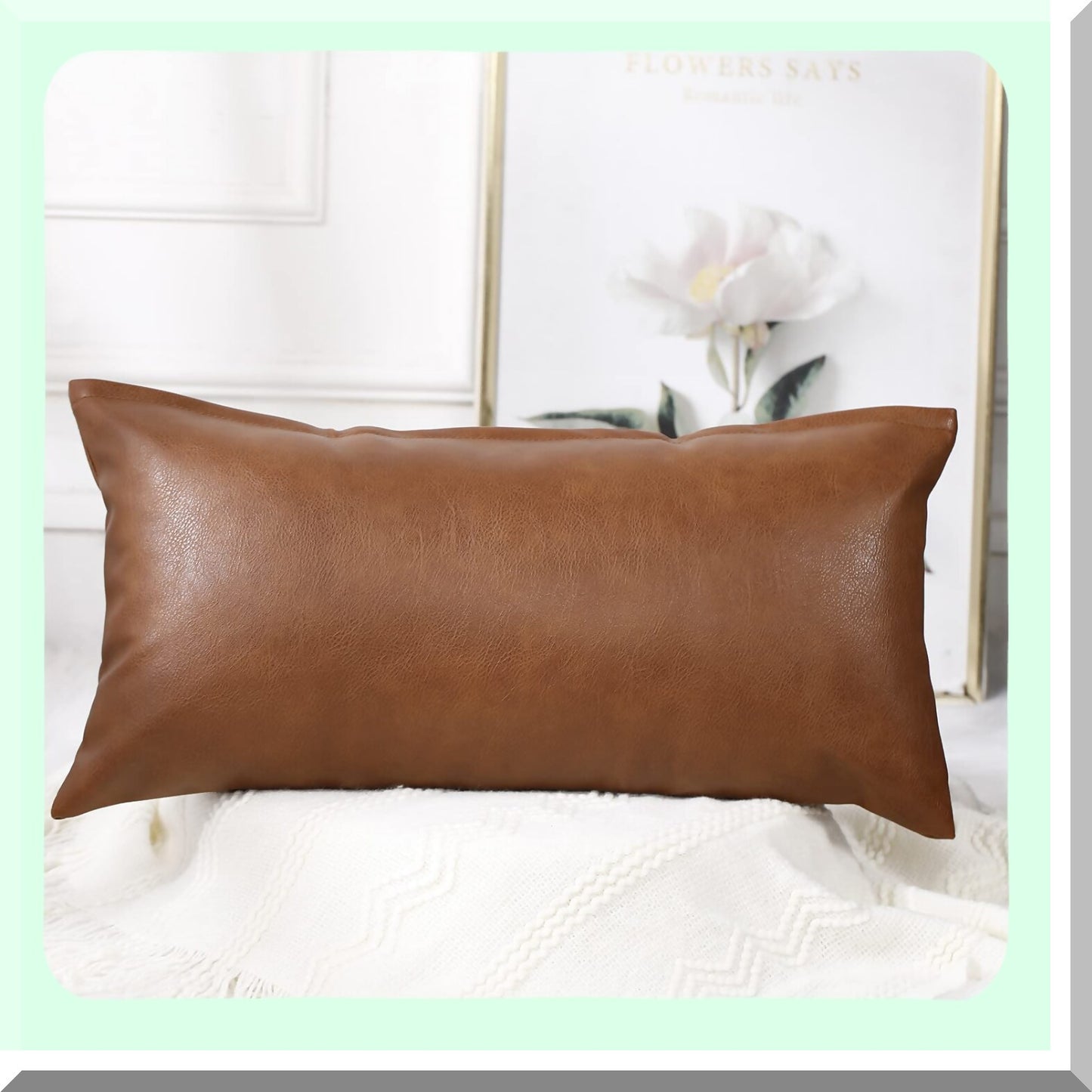 Boho Leather Lumbar Pillow Cover - Farmhouse Decor Cushion Case for Sofa Couch Bed - Modern Vegan Brown Long Throw Pillow Case 14x26