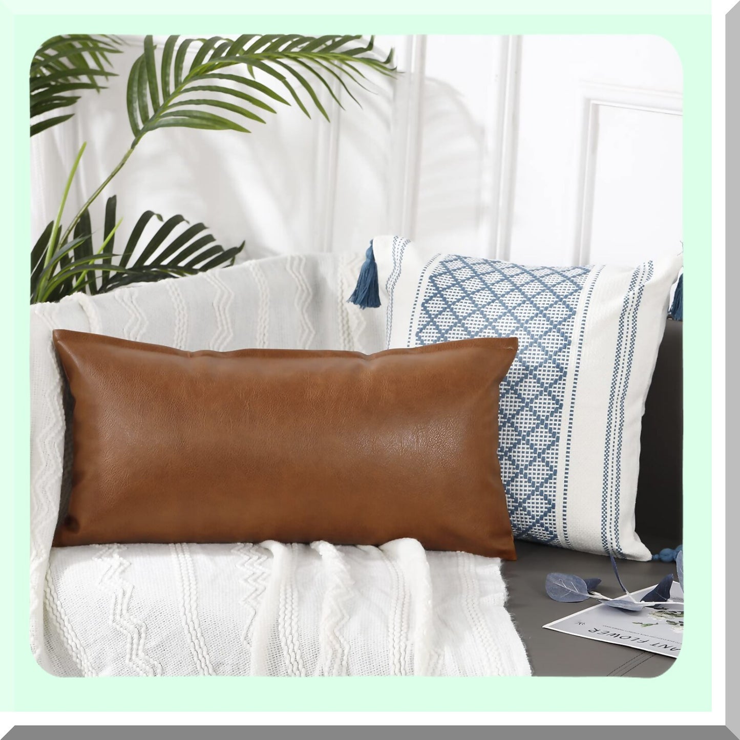 Boho Leather Lumbar Pillow Cover - Farmhouse Decor Cushion Case for Sofa Couch Bed - Modern Vegan Brown Long Throw Pillow Case 14x26