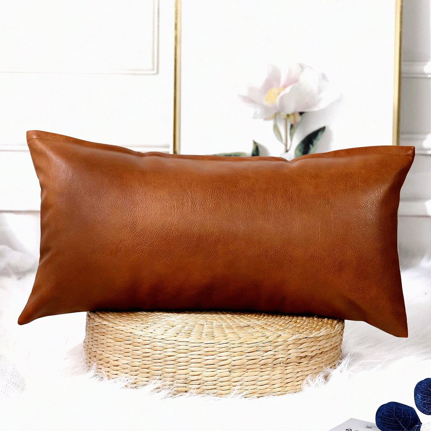 Boho Leather Lumbar Pillow Cover - Farmhouse Decor Cushion Case for Sofa Couch Bed - Modern Vegan Brown Long Throw Pillow Case 14x26