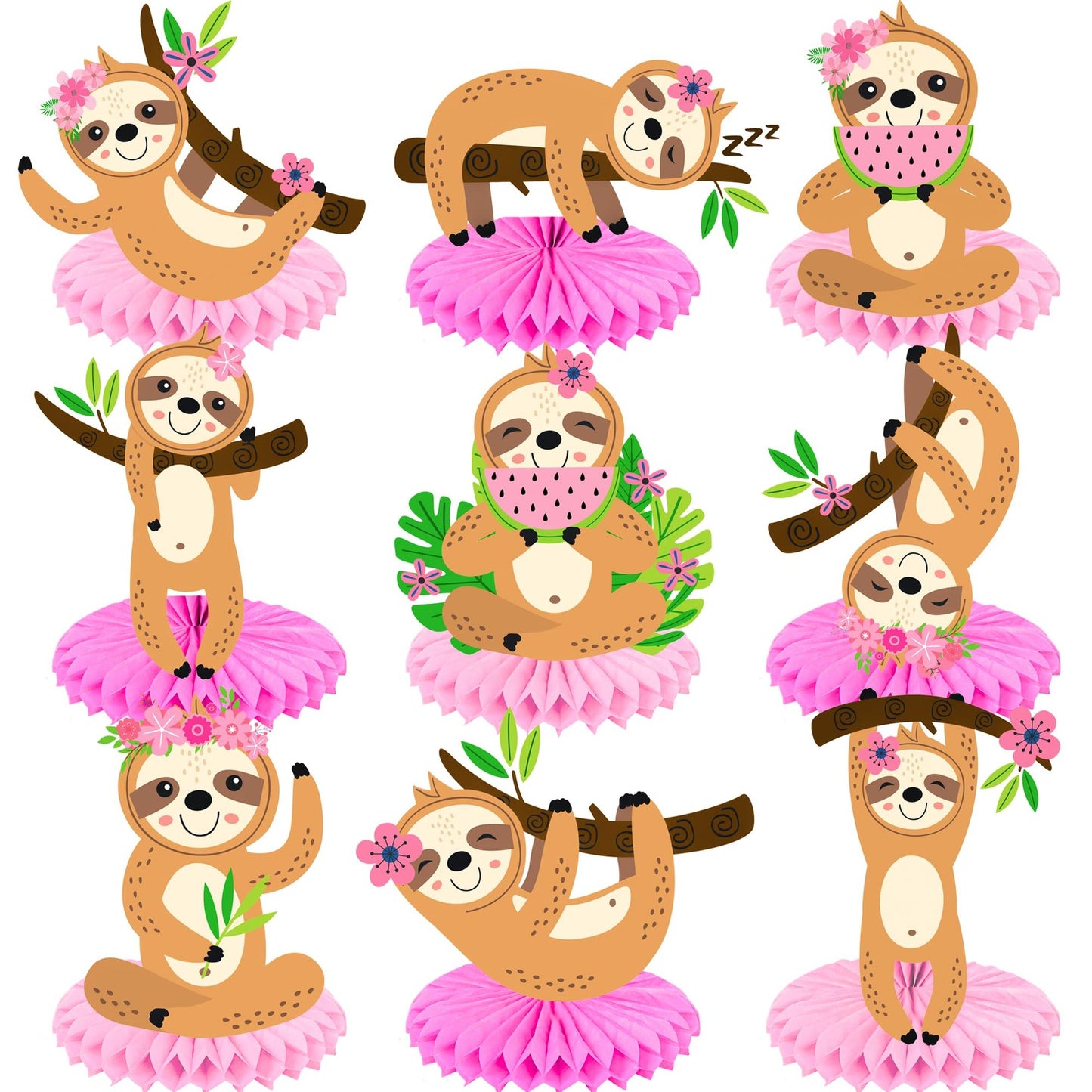 Sloth Bliss Centerpieces - Set of 9 Honeycomb Decorations for Girls Birthday Party, Baby Shower, Wedding. Perfect Sloth Themed Table Decor!