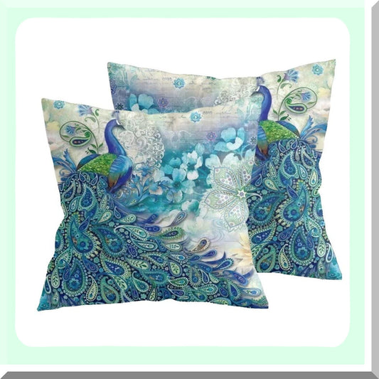 Watercolor Teal Peacock Decorative Pillow Covers - Set of 2 | Vintage Turquoise Gifts | Microfiber Fabric | Home Sofa Couch Bed Decor | Square 16x16 Inches