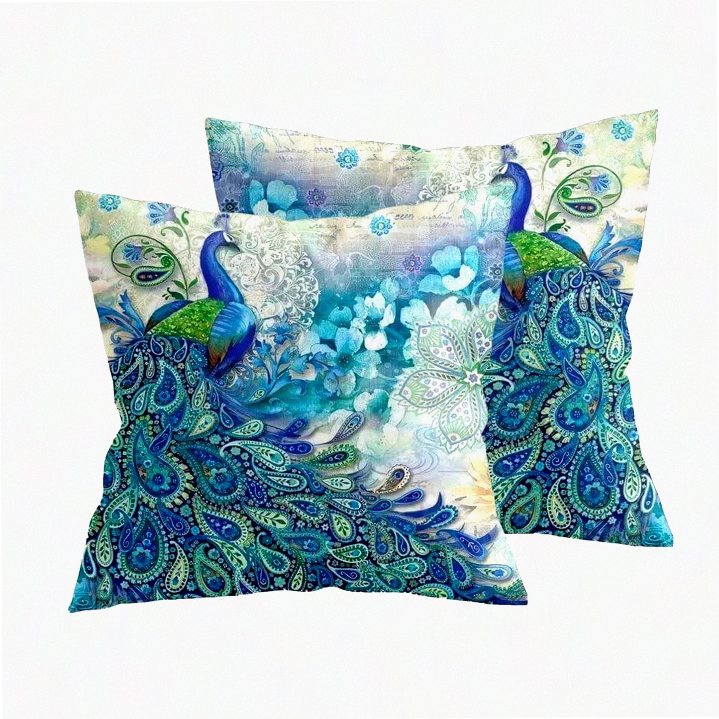 Watercolor Teal Peacock Decorative Pillow Covers - Set of 2 | Vintage Turquoise Gifts | Microfiber Fabric | Home Sofa Couch Bed Decor | Square 16x16 Inches