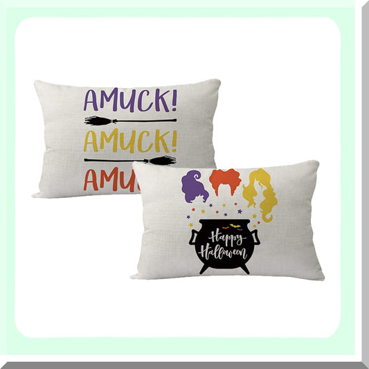 Colorful Farmhouse Holiday Pillow Covers - Set of 2 Sanderson Sisters Amuck Rectangular Cushion Cover. Decorate your home with these festive pillowcases!