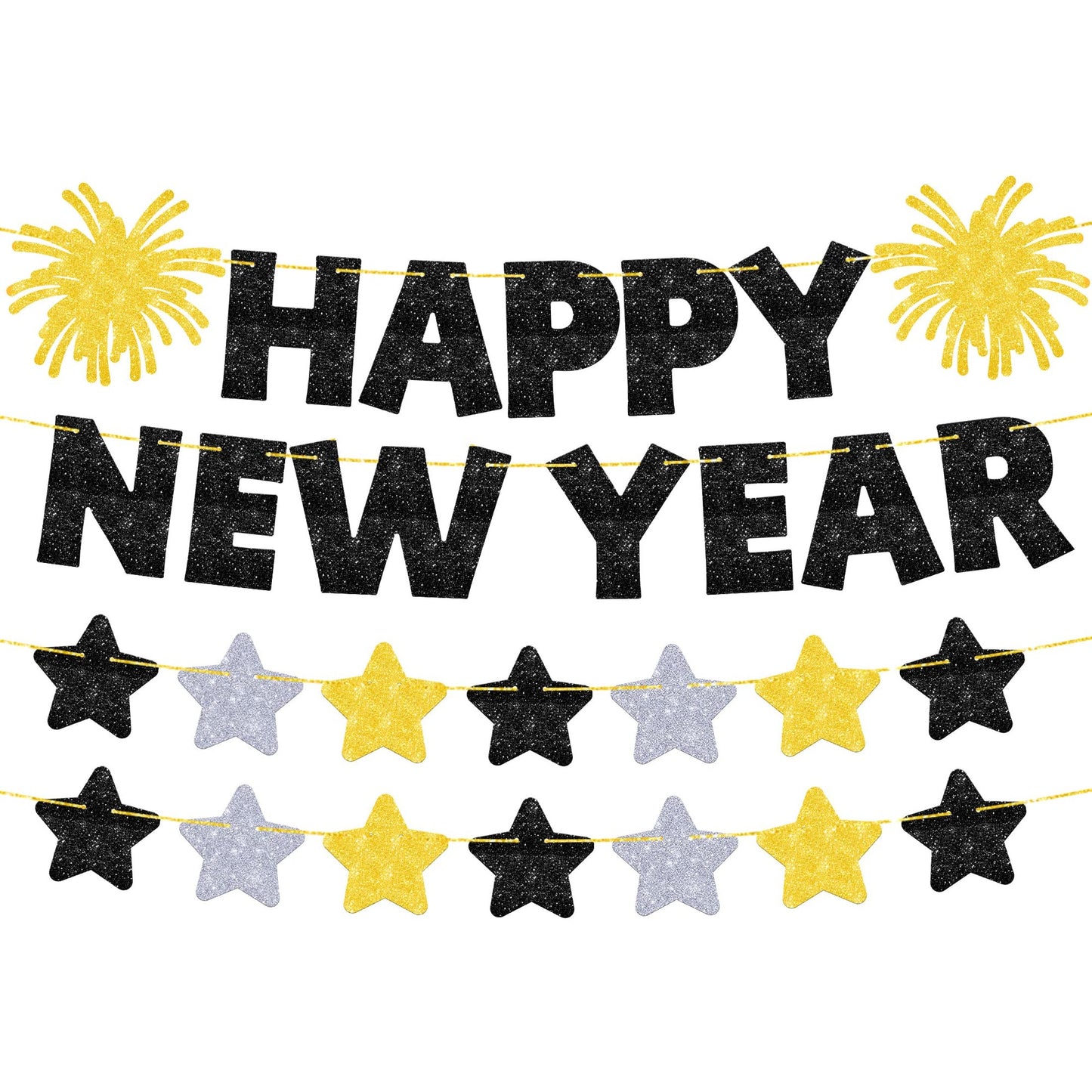 Glitter New Year Banner - 10 Feet, No DIY Party Supplies for NYE Decorations 2024. Happy New Year Sign for Festive 2024 Decor.