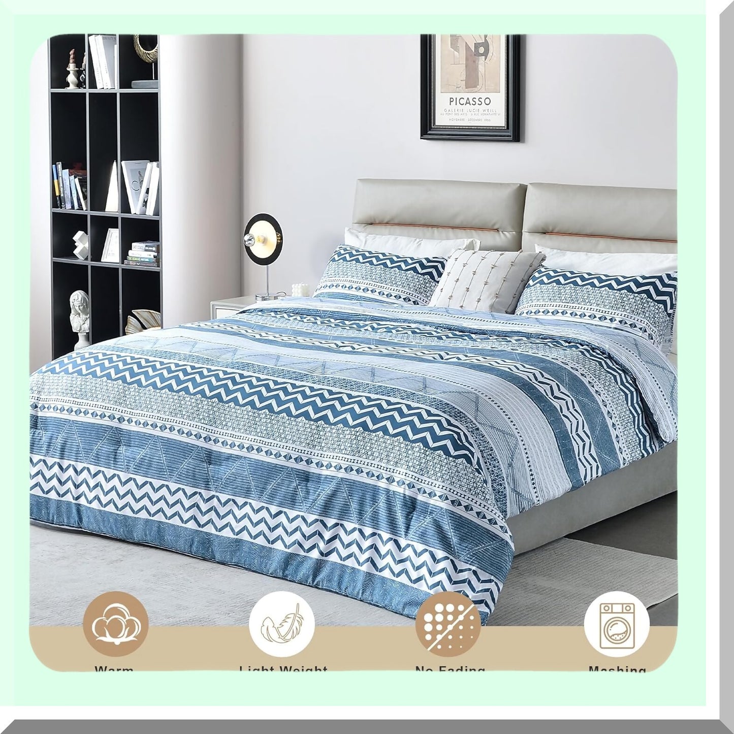 Boho Bliss Comforter Set - 3 Piece Bed in a Bag, Soft Lightweight Bohemian Comforter Set for All Seasons, Includes Comforter and 2 Pillowcases in Blue 10490 Inch