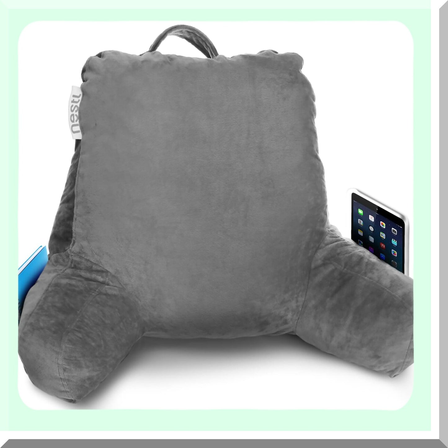 MemoryFoam Comfort Rest Pillow - Grey Bed Chair Arm Support with Pockets - Reading & Sitting Back Pillow for Standard Bed - Shredded Foam Chair Pillow