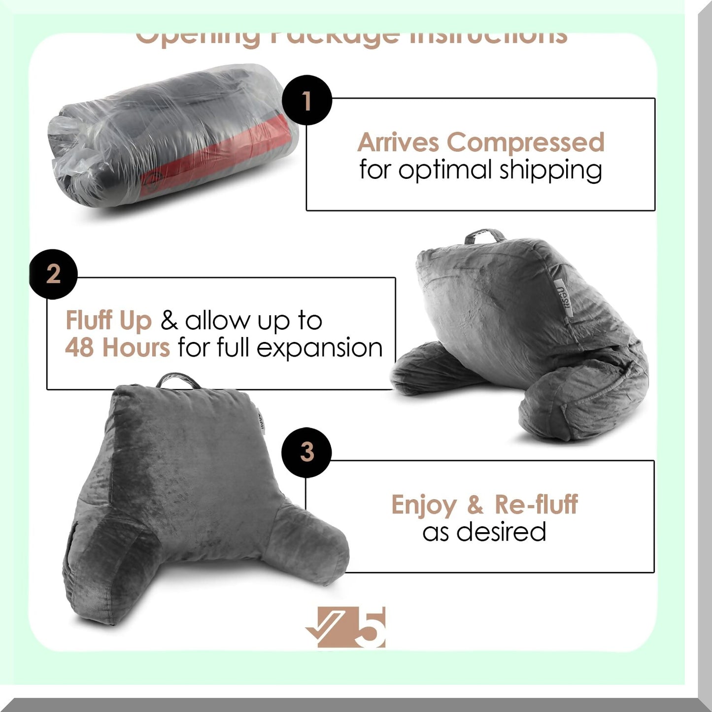 MemoryFoam Comfort Rest Pillow - Grey Bed Chair Arm Support with Pockets - Reading & Sitting Back Pillow for Standard Bed - Shredded Foam Chair Pillow