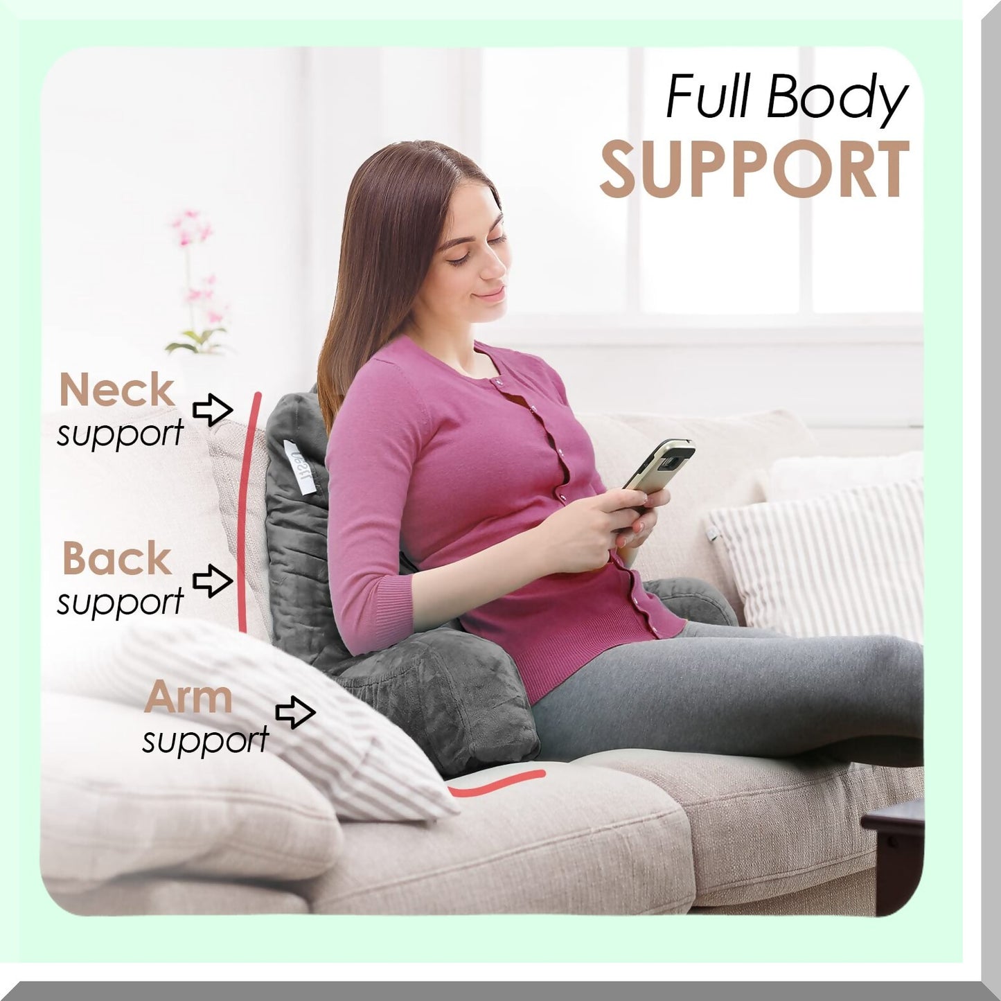 MemoryFoam Comfort Rest Pillow - Grey Bed Chair Arm Support with Pockets - Reading & Sitting Back Pillow for Standard Bed - Shredded Foam Chair Pillow