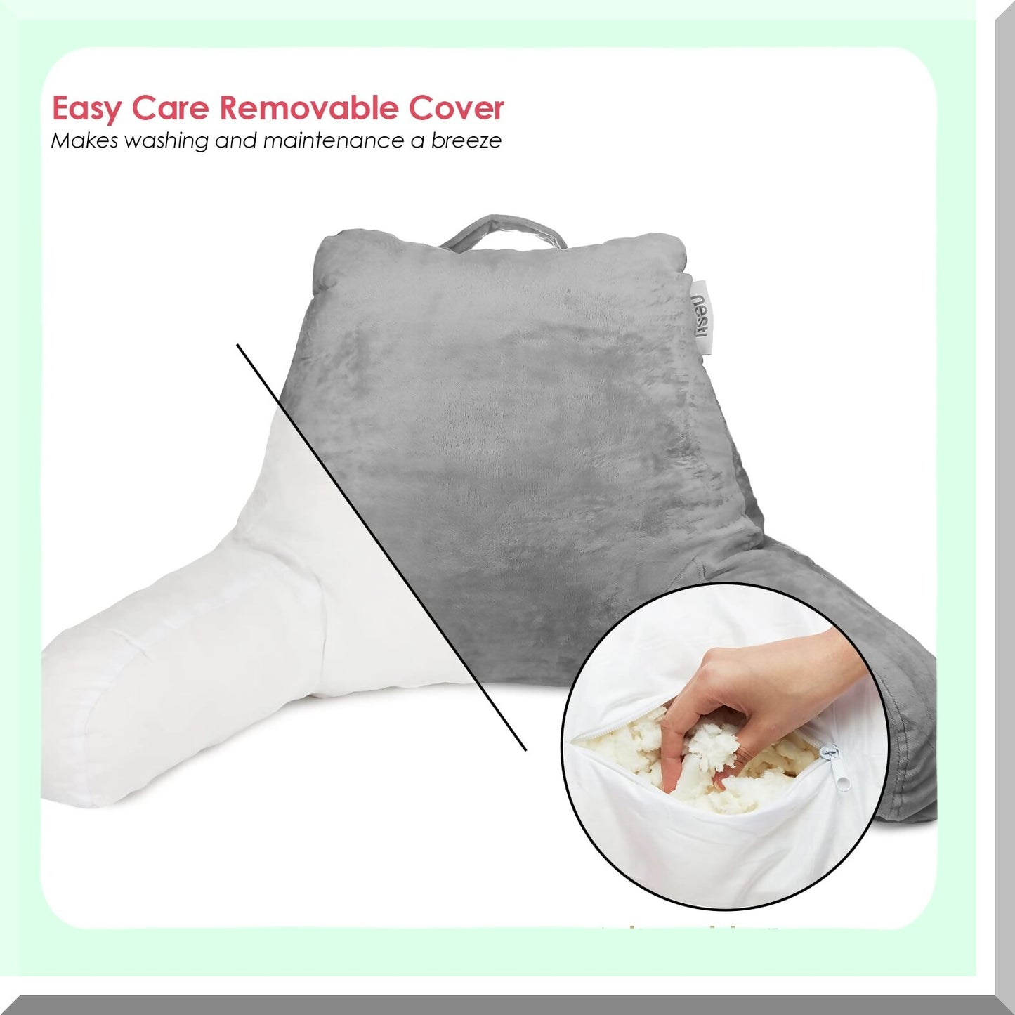 MemoryFoam Comfort Rest Pillow - Grey Bed Chair Arm Support with Pockets - Reading & Sitting Back Pillow for Standard Bed - Shredded Foam Chair Pillow