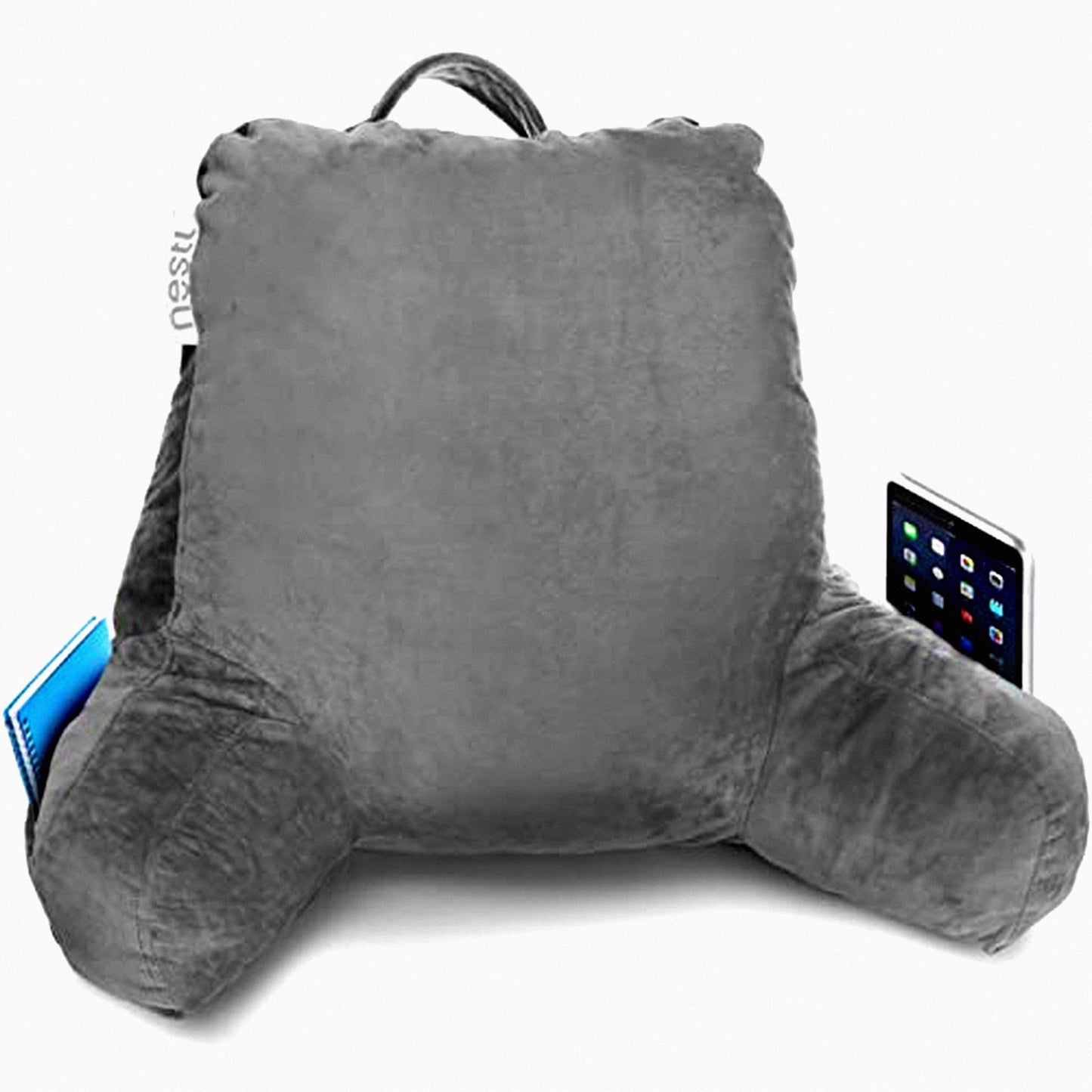 MemoryFoam Comfort Rest Pillow - Grey Bed Chair Arm Support with Pockets - Reading & Sitting Back Pillow for Standard Bed - Shredded Foam Chair Pillow