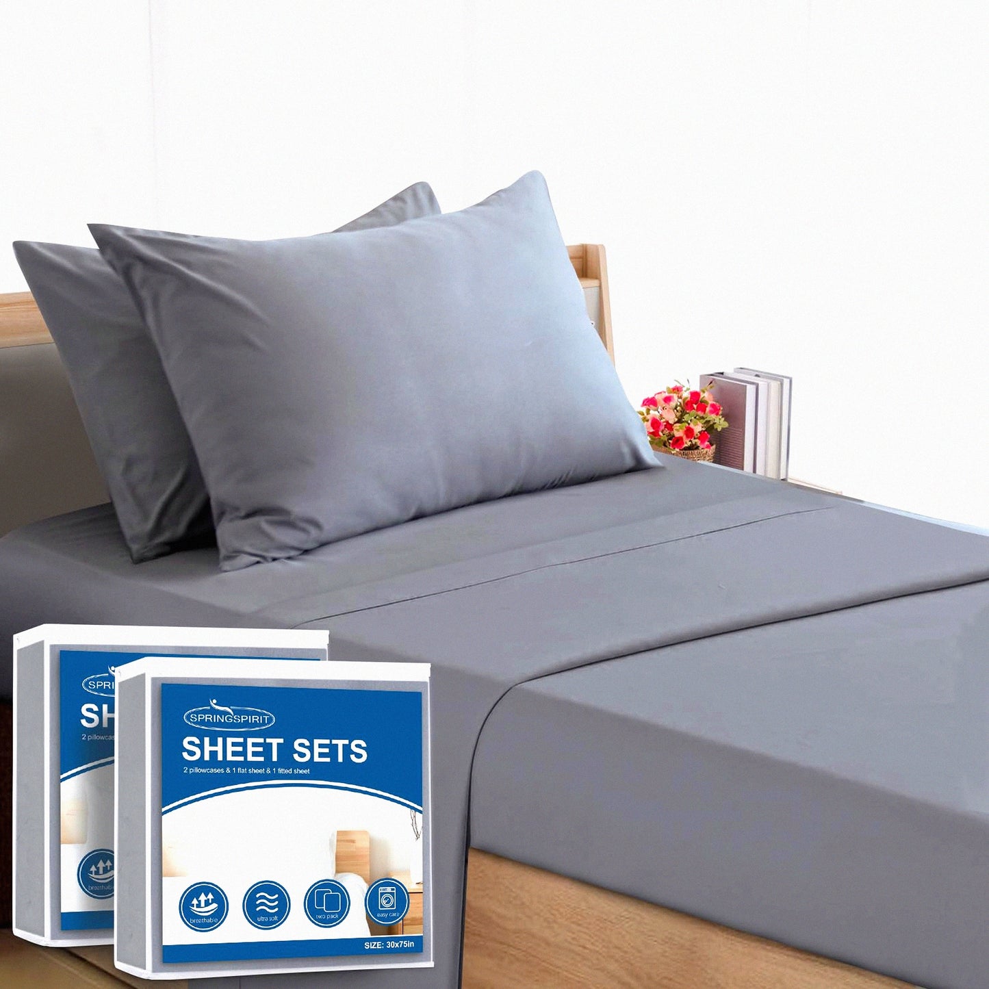 Cot Comfort 4-Piece Sheet Set - Twin Size Fitted Sheets for Camp Bunk, RVs, Guest Beds - Grey - 30" x 75" x 9" - Trifold Mattress - 2 Pack