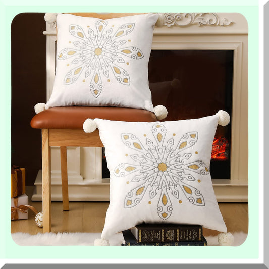 Winter Wonderland Embroidered Snowflake Pillow Covers - Set of 2 18x18 Decorative Velvet Cushion Case for Sofa Couch Bed with Pompom Detail in White - Holiday Home Decor