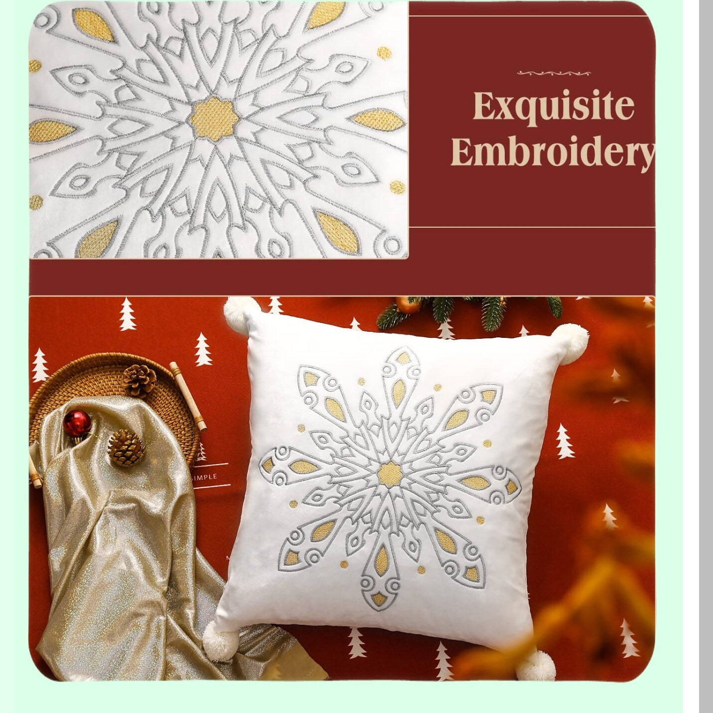 Winter Wonderland Embroidered Snowflake Pillow Covers - Set of 2 18x18 Decorative Velvet Cushion Case for Sofa Couch Bed with Pompom Detail in White - Holiday Home Decor