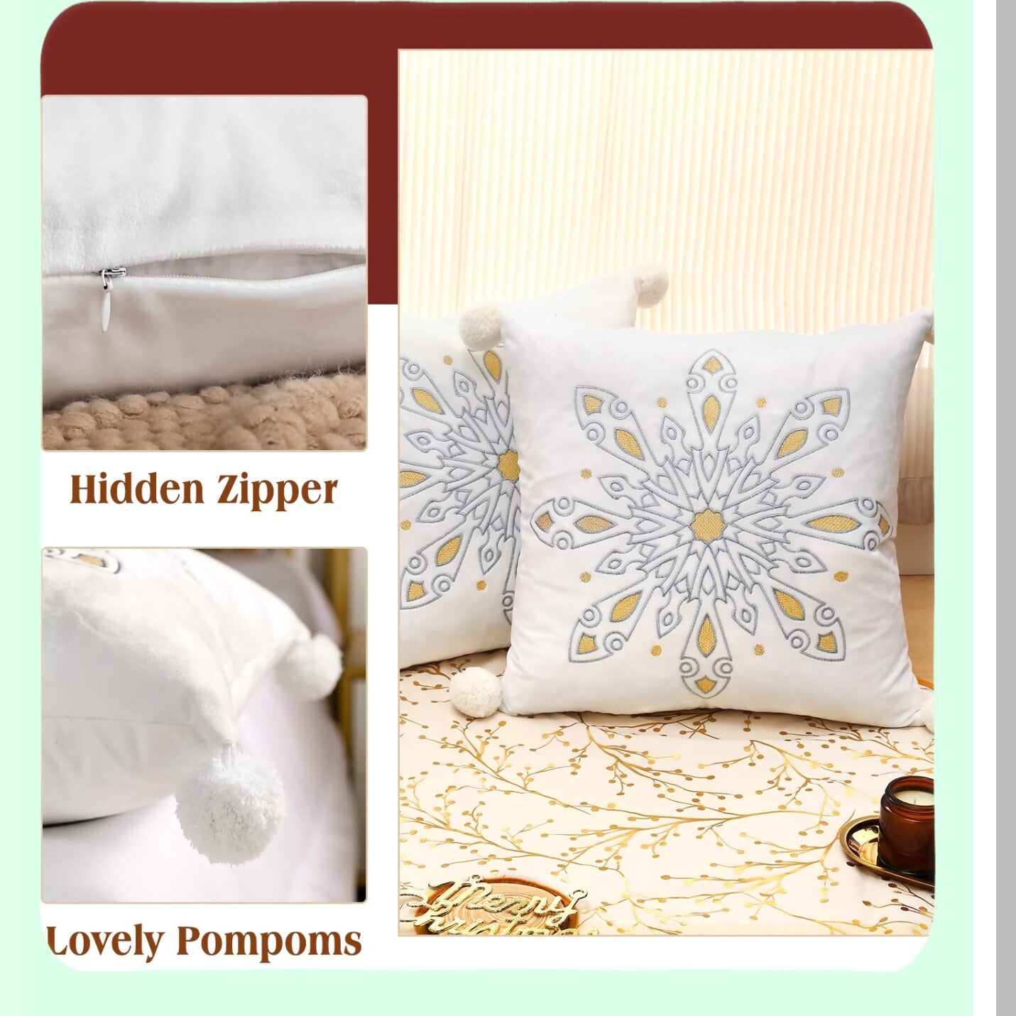 Winter Wonderland Embroidered Snowflake Pillow Covers - Set of 2 18x18 Decorative Velvet Cushion Case for Sofa Couch Bed with Pompom Detail in White - Holiday Home Decor