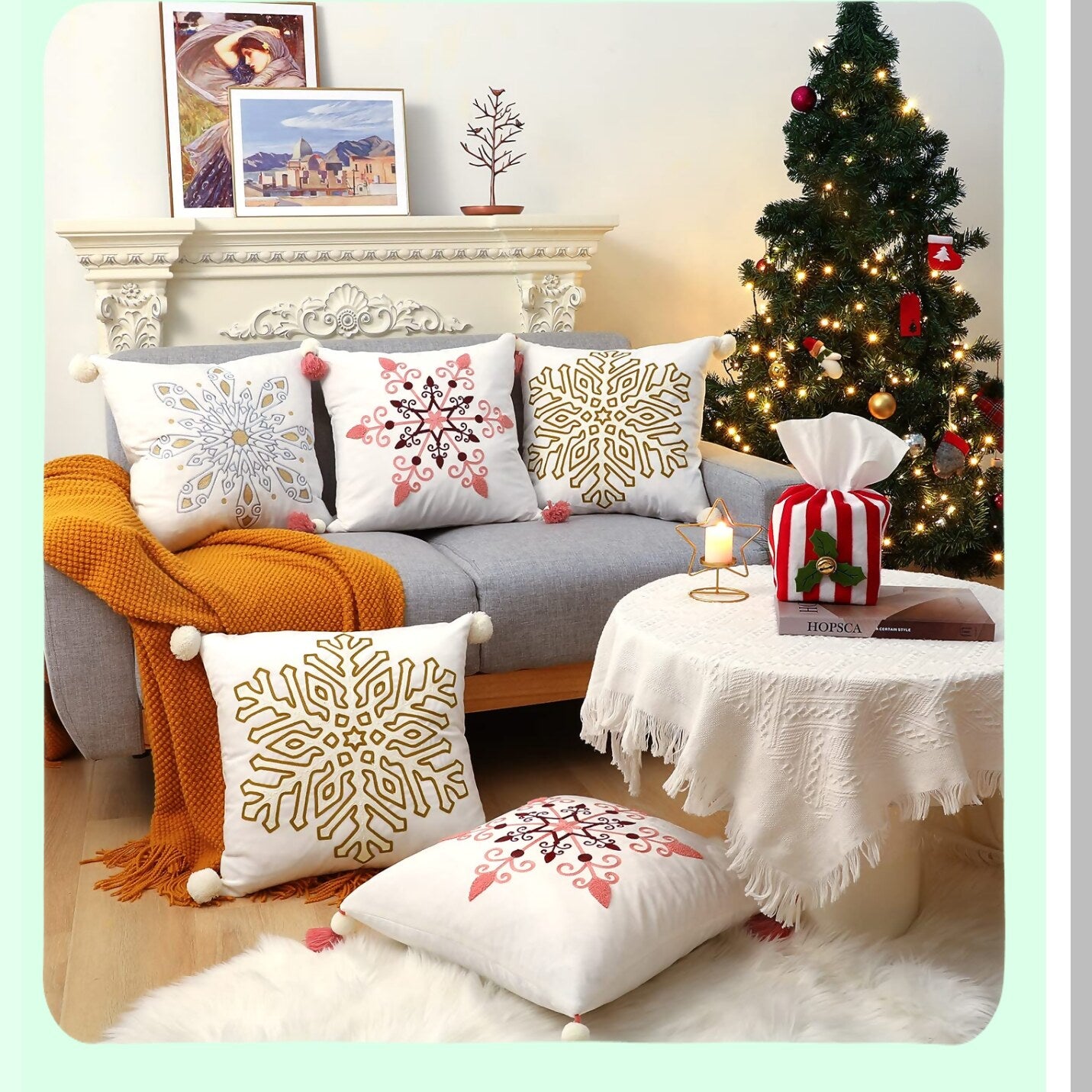 Winter Wonderland Embroidered Snowflake Pillow Covers - Set of 2 18x18 Decorative Velvet Cushion Case for Sofa Couch Bed with Pompom Detail in White - Holiday Home Decor