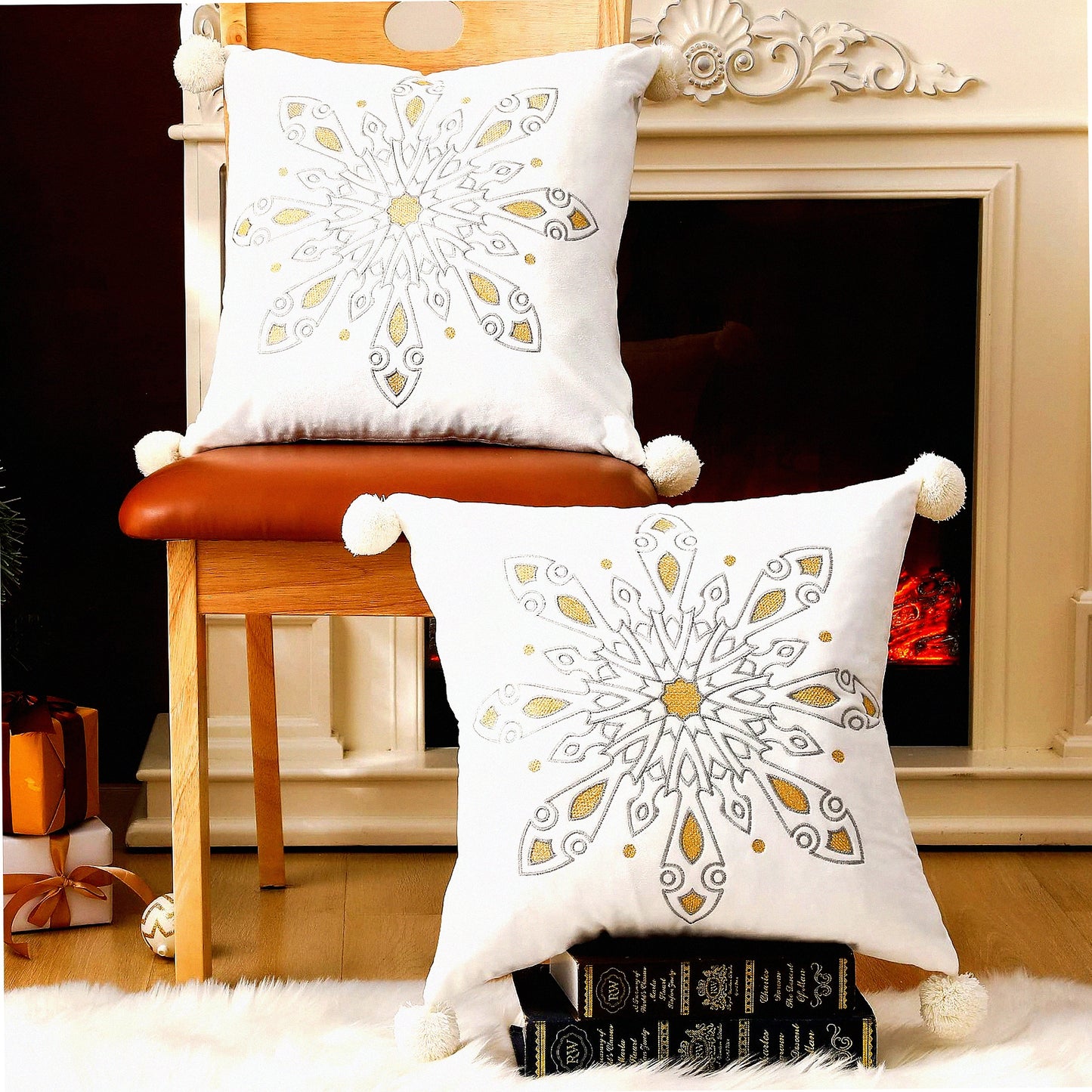 Winter Wonderland Embroidered Snowflake Pillow Covers - Set of 2 18x18 Decorative Velvet Cushion Case for Sofa Couch Bed with Pompom Detail in White - Holiday Home Decor