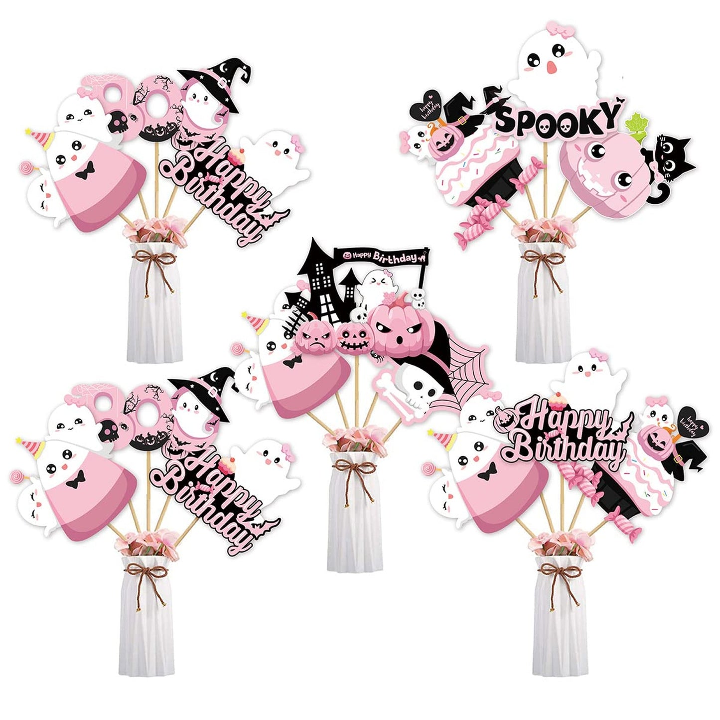 Pink Black Happy Birthday Party Centerpiece Sticks - Spooky Ghost Pumpkin Cutouts - Table Toppers for Girls - Decor Supplies