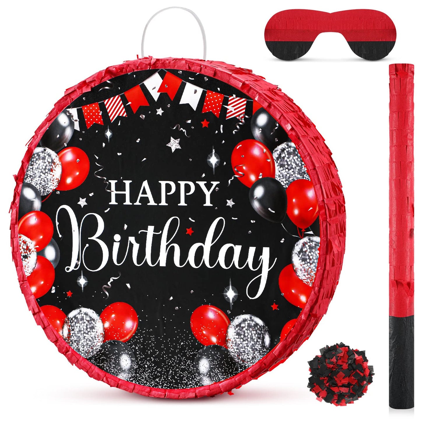 Birthday Bash Pinata Kit - Fun Happy Birthday Pinata Set with Stick, Blindfold, and Confetti for Boys, Girls, Men, Women - Red & Black Theme Party Supplies