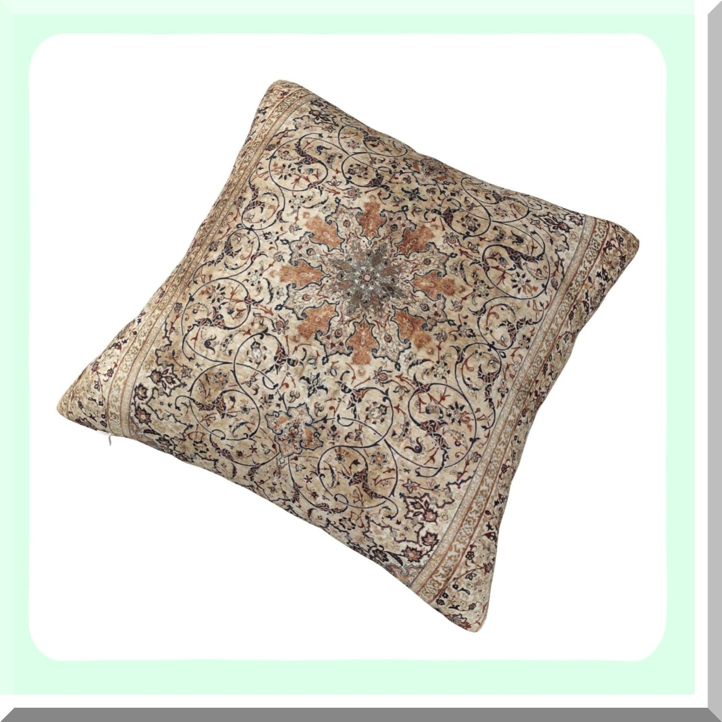 Persian Velvet Silk Throw Pillow - Esfahan Carpet Print Decorative Cushion Cover for Home Living Room Bed Couch Car - 18x18 Inch Soft Pillowcase