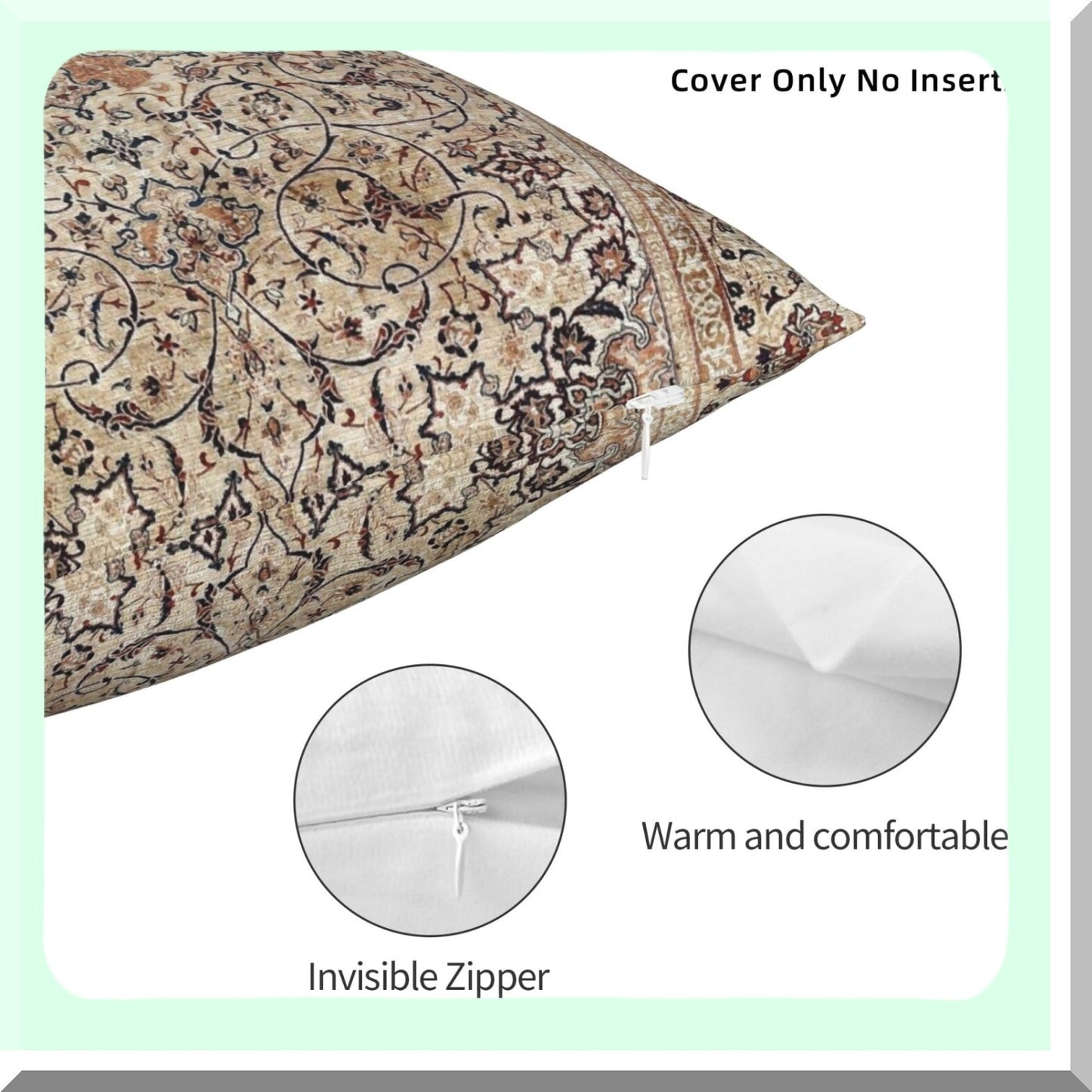 Persian Velvet Silk Throw Pillow - Esfahan Carpet Print Decorative Cushion Cover for Home Living Room Bed Couch Car - 18x18 Inch Soft Pillowcase