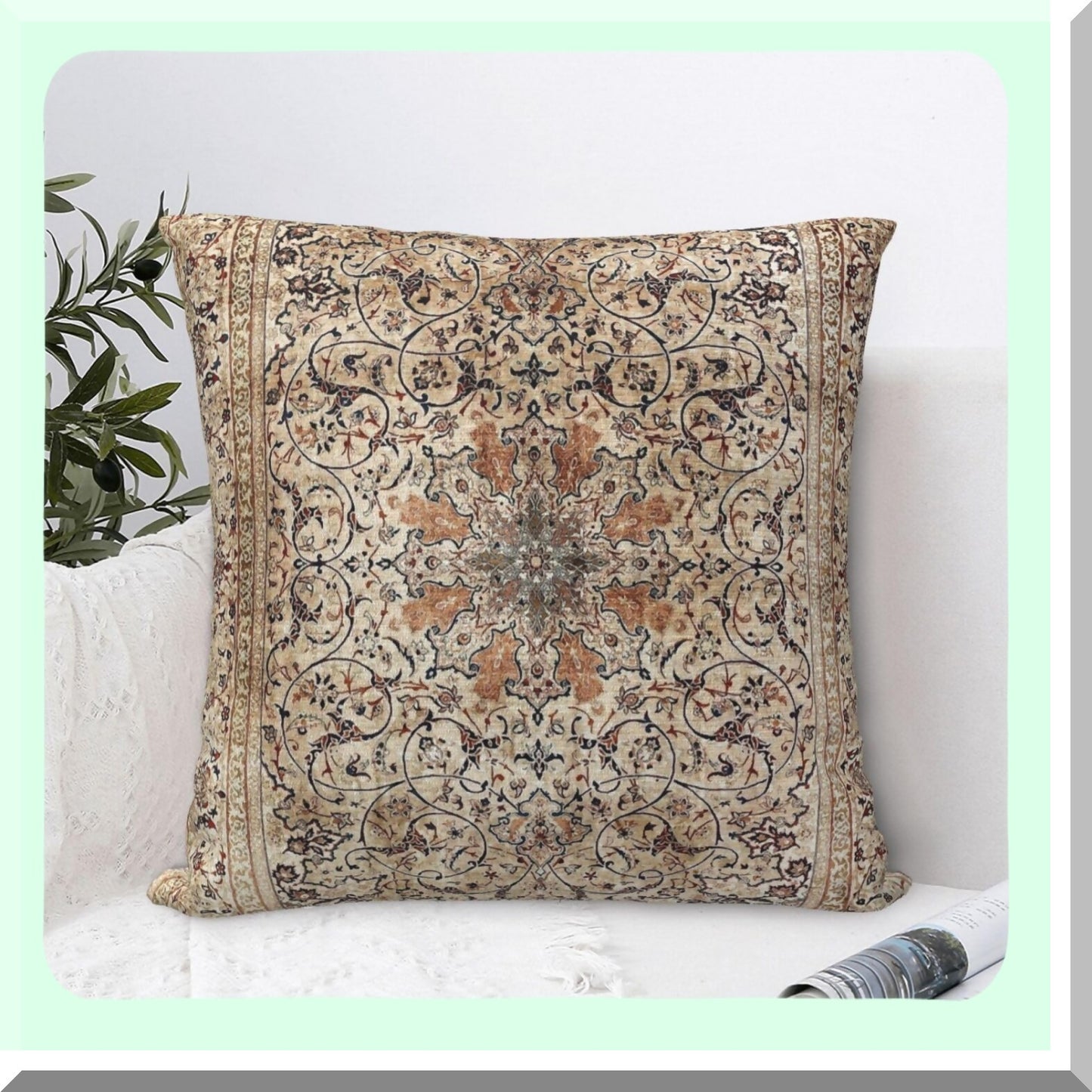 Persian Velvet Silk Throw Pillow - Esfahan Carpet Print Decorative Cushion Cover for Home Living Room Bed Couch Car - 18x18 Inch Soft Pillowcase