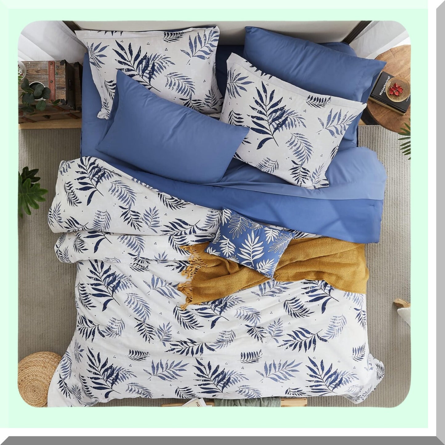 Blue Leaf Textured Comforter Set - Full Size Bedding 8 Piece Bundle with Sheets, Pillowcases, Shams - Soft and Cozy Full Comforter 80"x90"