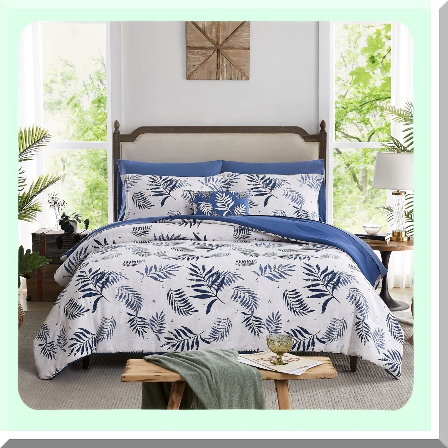Blue Leaf Textured Comforter Set - Full Size Bedding 8 Piece Bundle with Sheets, Pillowcases, Shams - Soft and Cozy Full Comforter 80"x90"