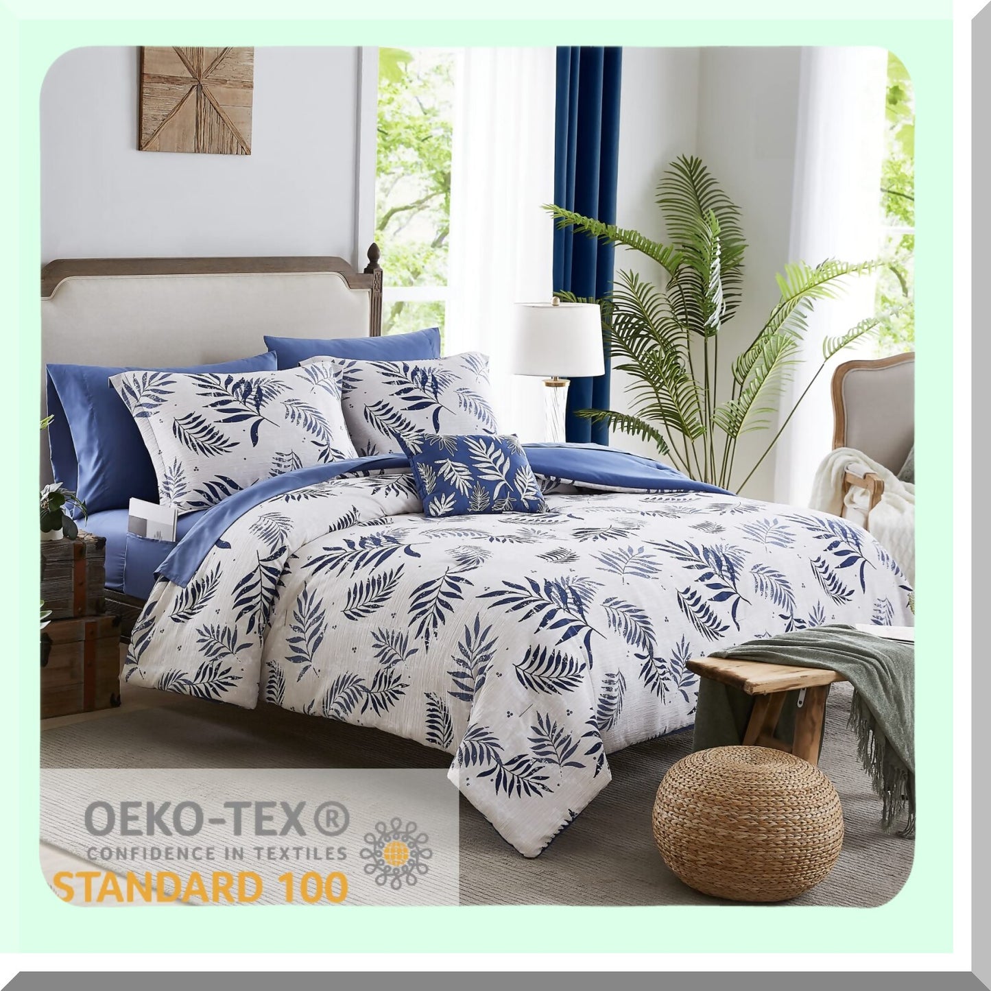 Blue Leaf Textured Comforter Set - Full Size Bedding 8 Piece Bundle with Sheets, Pillowcases, Shams - Soft and Cozy Full Comforter 80"x90"