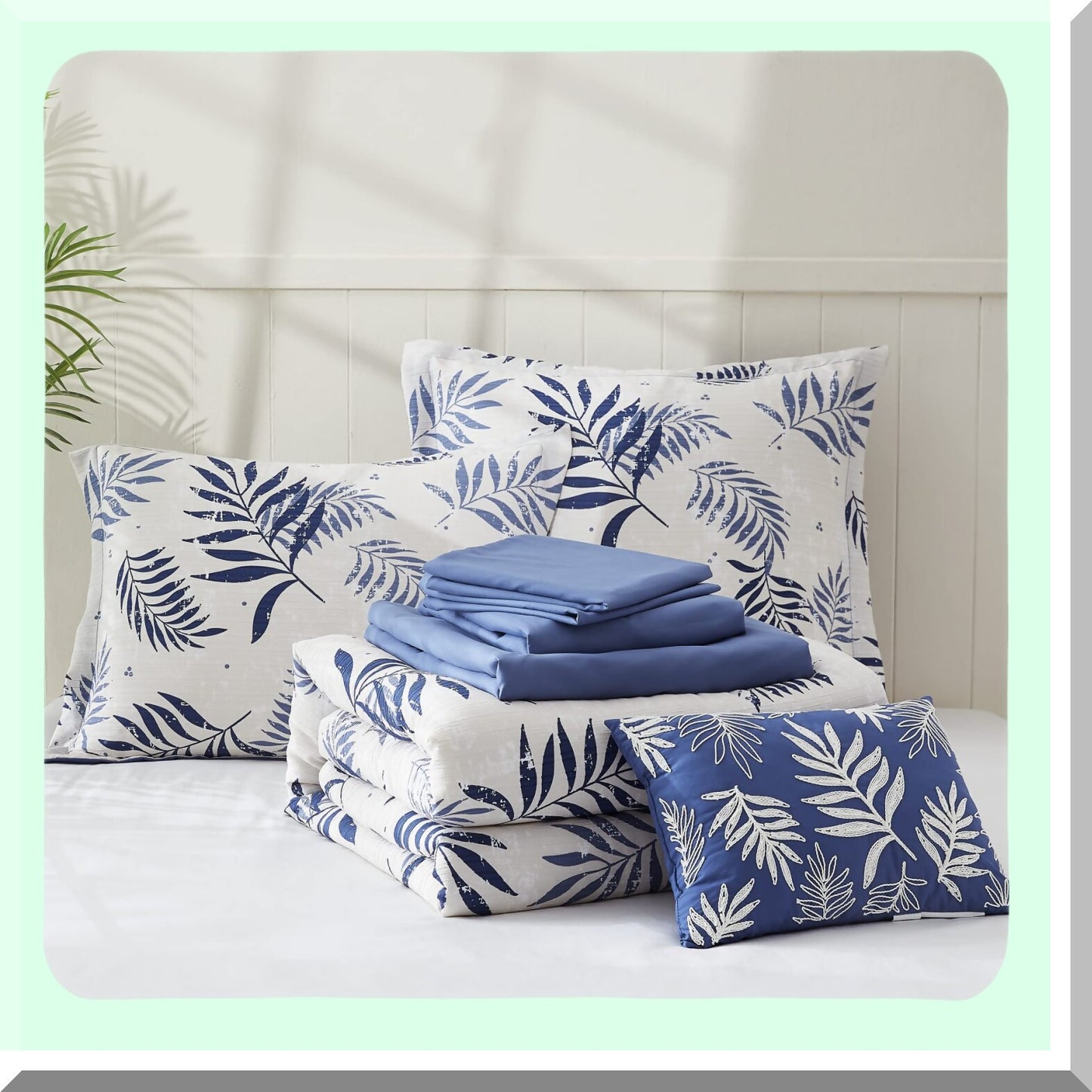 Blue Leaf Textured Comforter Set - Full Size Bedding 8 Piece Bundle with Sheets, Pillowcases, Shams - Soft and Cozy Full Comforter 80"x90"