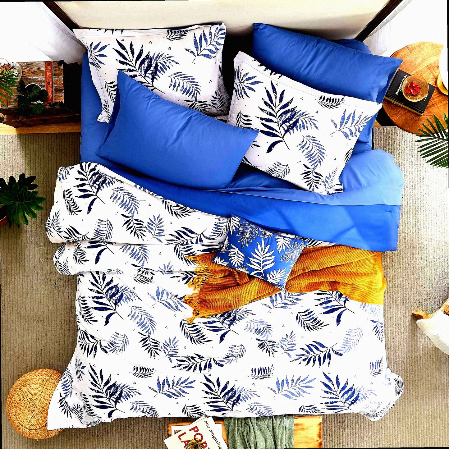 Blue Leaf Textured Comforter Set - Full Size Bedding 8 Piece Bundle with Sheets, Pillowcases, Shams - Soft and Cozy Full Comforter 80"x90"