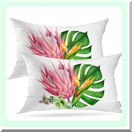 Tropical Bloom Double Sided Pillow Covers - Floral Watercolor Leaf Throw Cushion Set - Pink Decorative Sofa Lumbar 12x20 Inches (Set of 2)