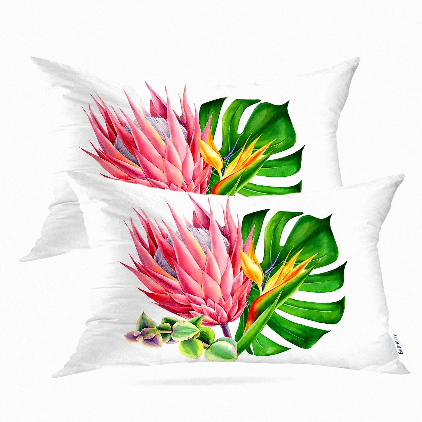 Tropical Bloom Double Sided Pillow Covers - Floral Watercolor Leaf Throw Cushion Set - Pink Decorative Sofa Lumbar 12x20 Inches (Set of 2)
