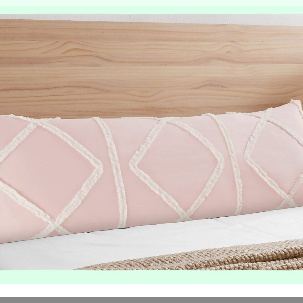 Blush Pink Macrame Tufted Body Pillow Cover - Boho Chic Farmhouse Accent Case with Geometric Design - 54x20 Zipper Throw Pillow