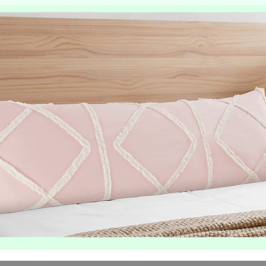 Blush Pink Macrame Tufted Body Pillow Cover - Boho Chic Farmhouse Accent Case with Geometric Design - 54x20 Zipper Throw Pillow