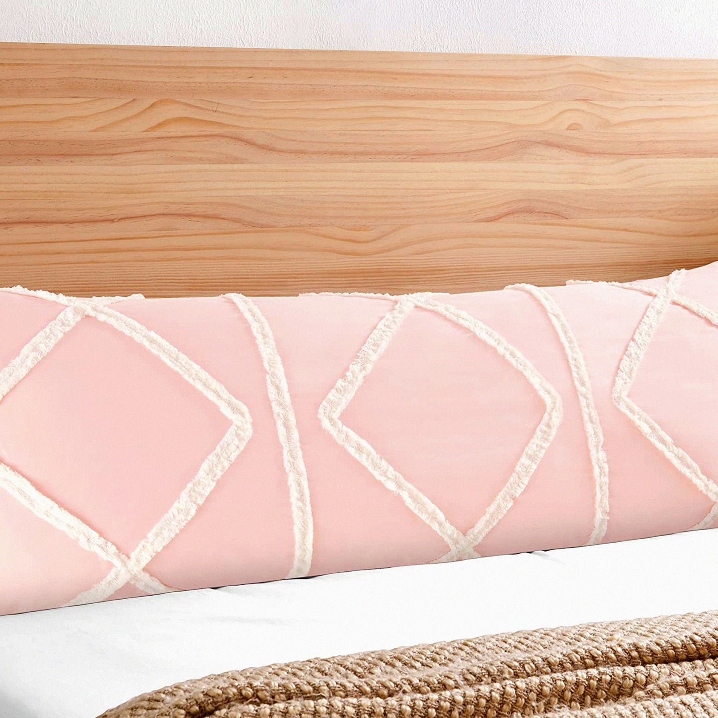 Blush Pink Macrame Tufted Body Pillow Cover - Boho Chic Farmhouse Accent Case with Geometric Design - 54x20 Zipper Throw Pillow