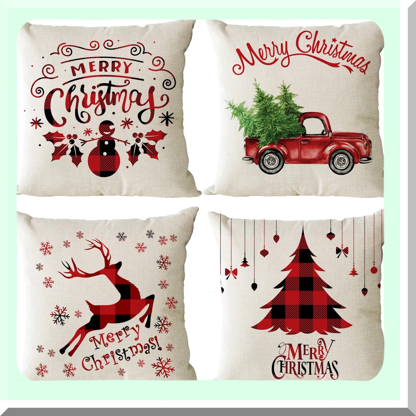 Holiday Xmas Decorative Pillow Cover Set - Trees Red Truck Snowflakes Deer Square Cushion Covers - Outdoor Indoor Couch Sofa Home Decor - Cotton Linen - 16x16 Inch - Pack of 4