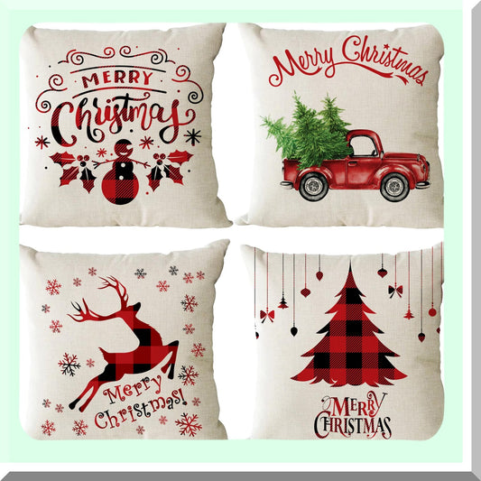 Holiday Xmas Decorative Pillow Cover Set - Trees Red Truck Snowflakes Deer Square Cushion Covers - Outdoor Indoor Couch Sofa Home Decor - Cotton Linen - 16x16 Inch - Pack of 4