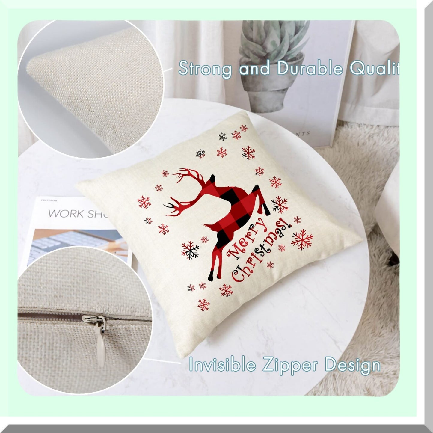 Holiday Xmas Decorative Pillow Cover Set - Trees Red Truck Snowflakes Deer Square Cushion Covers - Outdoor Indoor Couch Sofa Home Decor - Cotton Linen - 16x16 Inch - Pack of 4